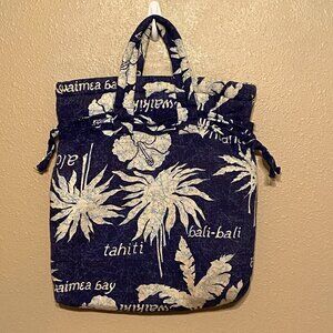 Vintage Travel Beach Tote Bag Drawstring Closure Blue/White Floral Large Size